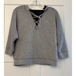 Puma Lace Up Pullover Cropped Gray Sweatshirt Hoodie 3/4 Sleeve Women’s Large